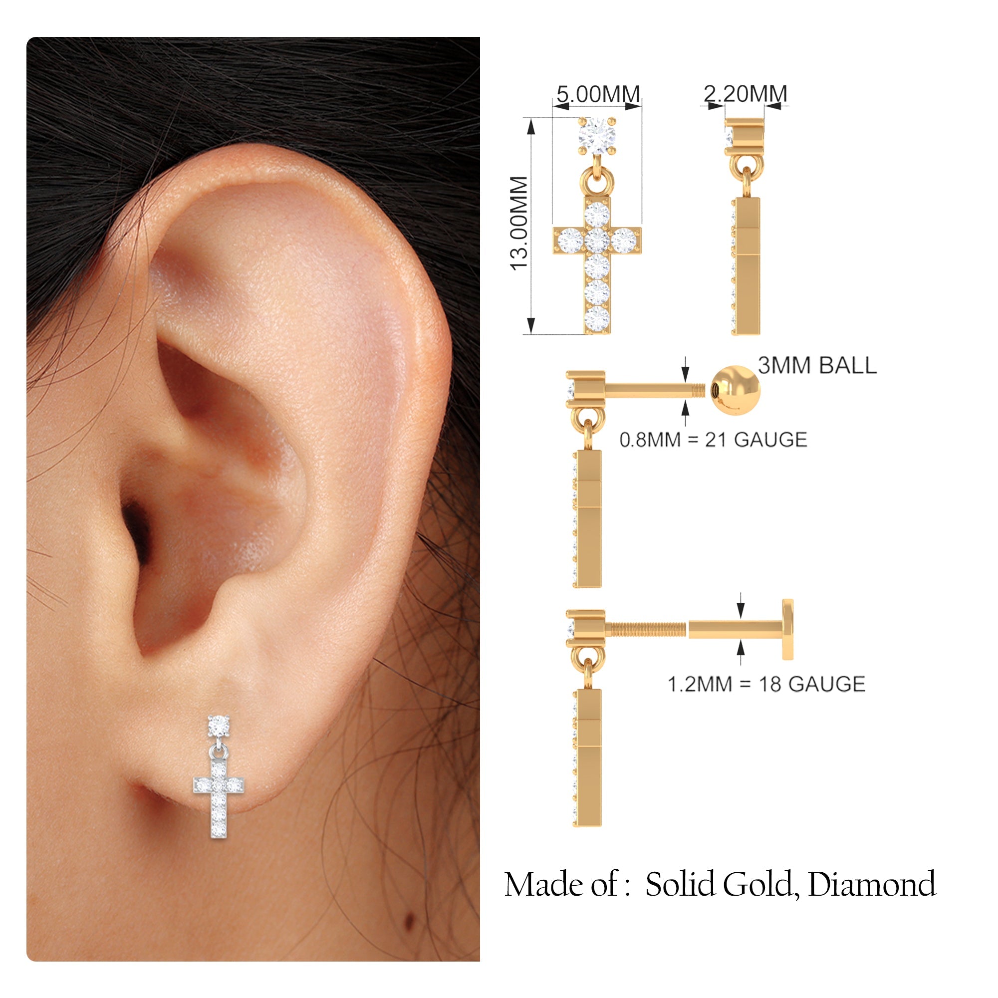 Moissanite Cross Dangly Earring for Helix Piercing