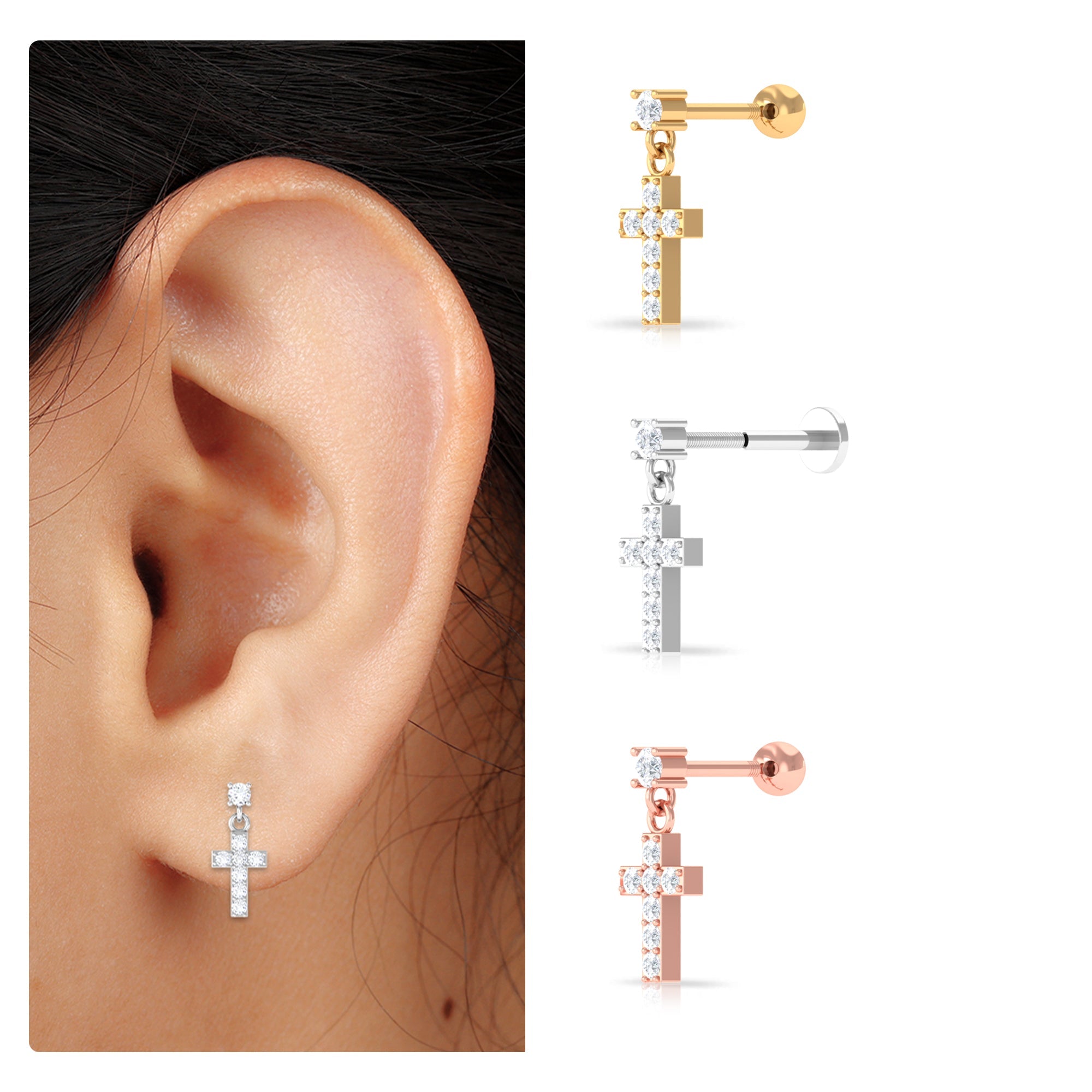 Moissanite Cross Dangly Earring for Helix Piercing